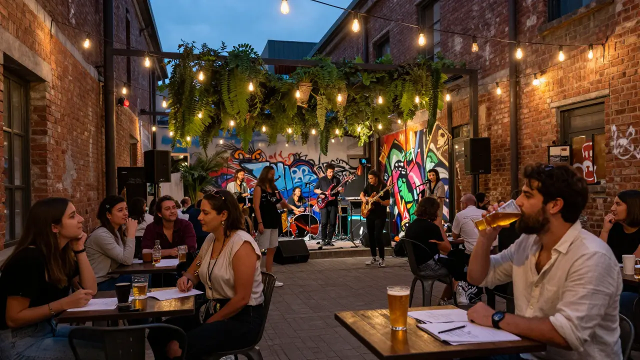 Artsy warehouse venue in Alserkal Avenue with string lights and live music at night.