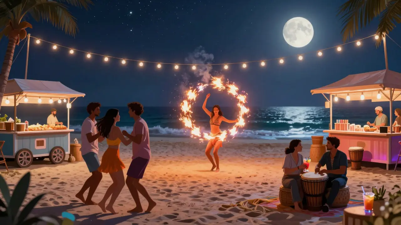 Beach club party at night with fire dancers, barefoot guests, and ocean breeze.