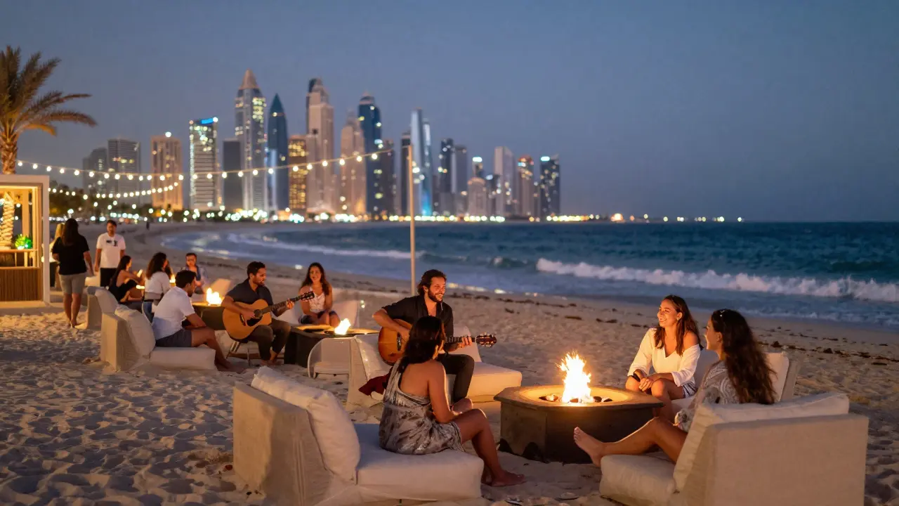 Beachside lounge at night with fire pits, acoustic music, and ocean views.