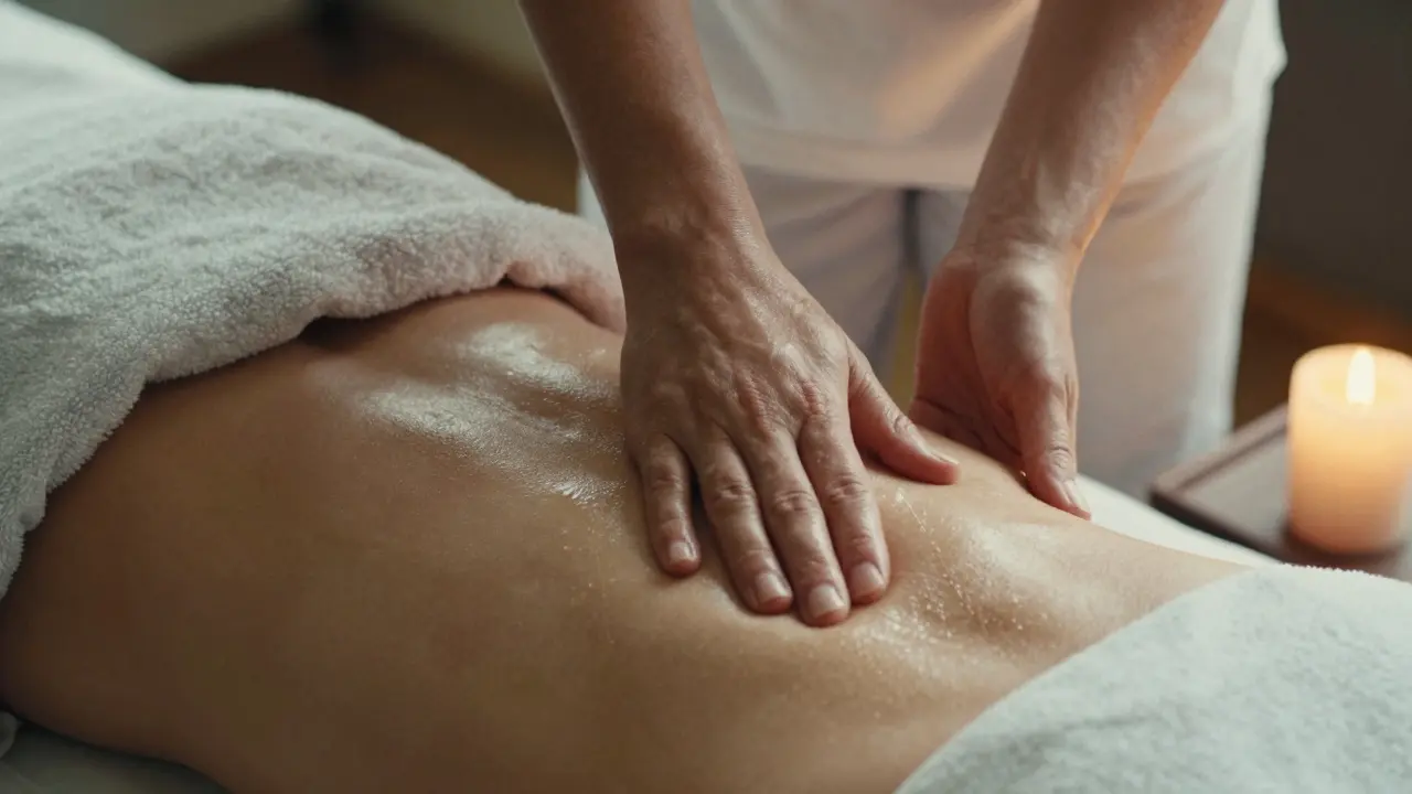 Close-up of a therapist's foot gently moving along a back during massage, oil glistening, towels and candlelight, focus on therapeutic touch.
