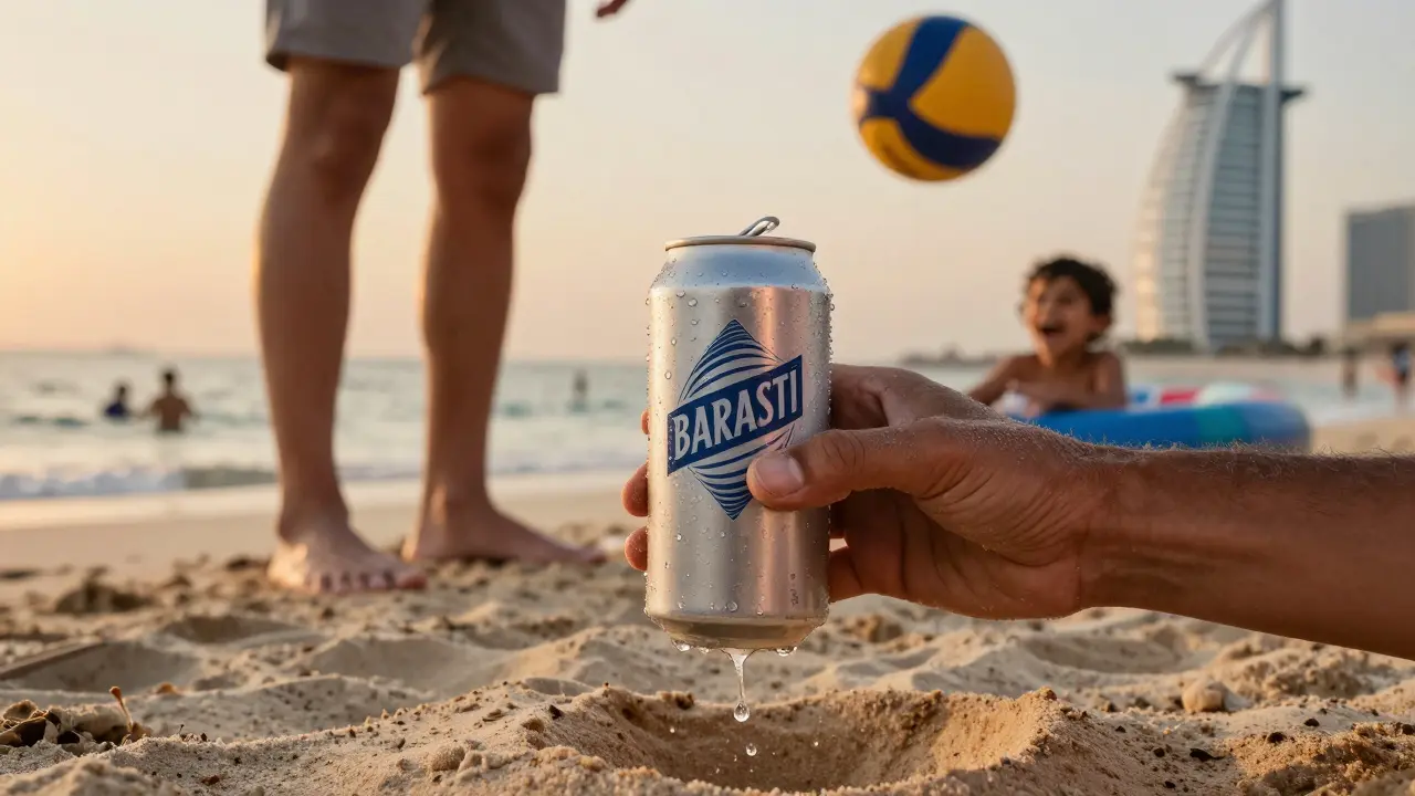 Close-up of hands holding a Barasti beer on sand, with blurred scenes of laughter, swimming, and play in the background.