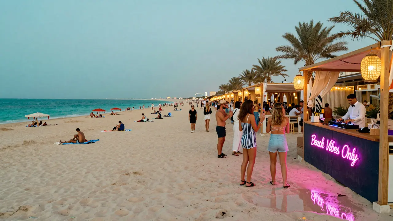 Contrast between crowded public beach and lively beach club with neon signs, cabanas, and glowing lights by the sea.