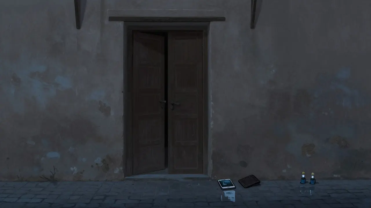 Dim apartment door in Al Fahidi with discarded phone and wallet, police sirens reflected in puddle.