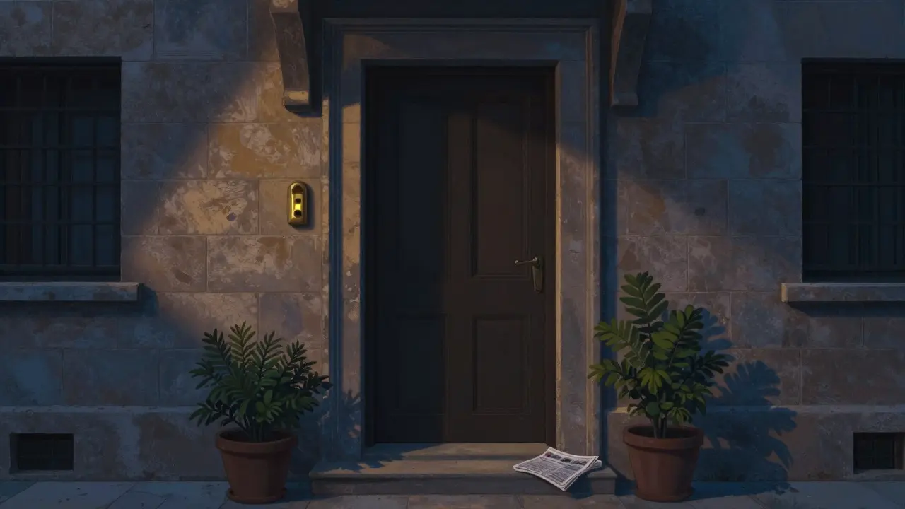 Discreet apartment entrance in Al Maktoum Bridge area with brass doorbell and twilight glow.