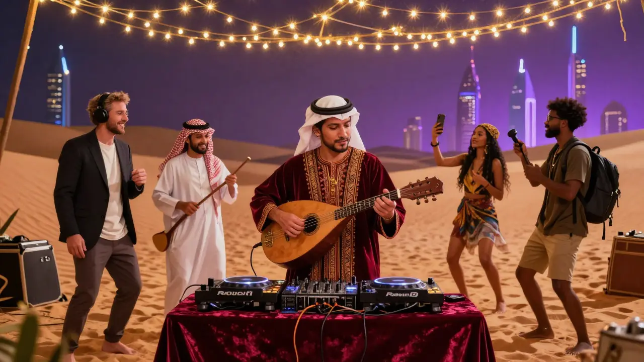 Diverse crowd dancing at a fusion nightclub where traditional Emirati music blends with modern beats under fairy lights.