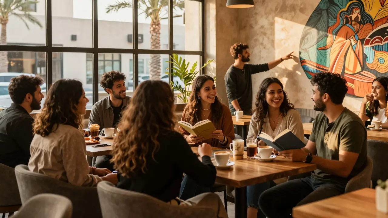 Diverse people socializing at a lively café in Dubai’s Alserkal Avenue during golden hour.
