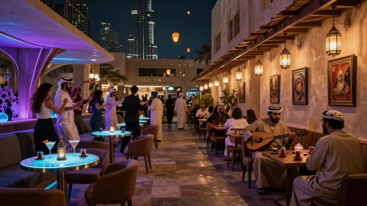 Dual scene: modern nightclub on one side, traditional Arabic coffee house on the other, connected by floating lanterns.