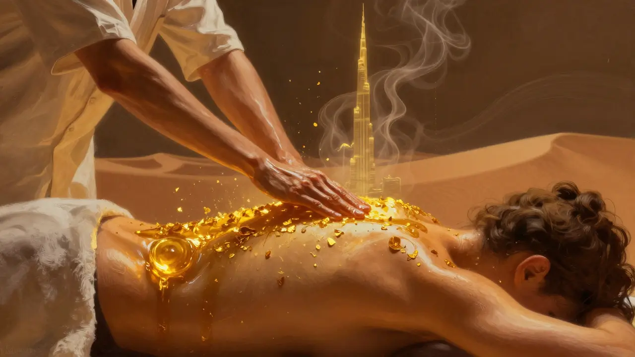Golden oil flakes floating on a back, symbolizing luxury and healing, with abstract Dubai and desert motifs.
