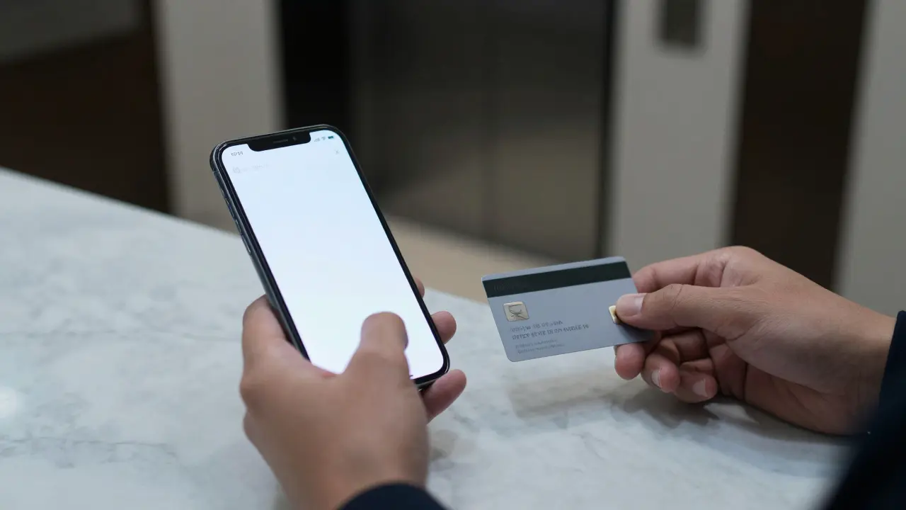 Hands placing a secure payment confirmation beside a hotel keycard, symbolizing discreet and professional companionship.