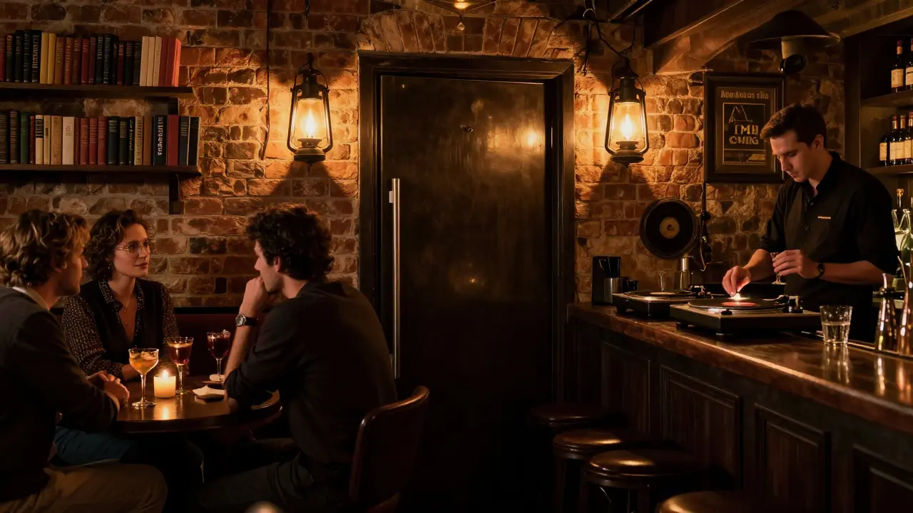 Hidden speakeasy bar with candlelight and jazz music in Alserkal Avenue.