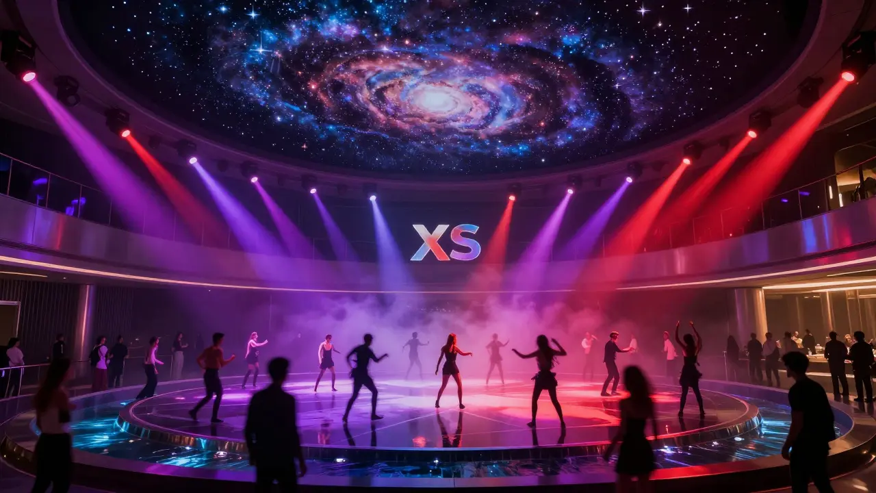 Luxury club with galaxy ceiling and water features surrounding a crowded dance floor.
