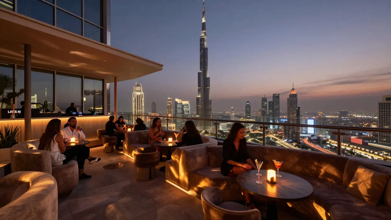 Luxury rooftop lounge with view of Burj Khalifa and ambient lighting at Level 43.