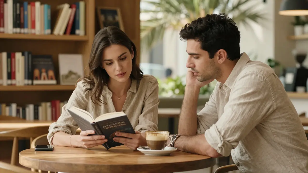 Man and woman engaged in thoughtful conversation at a cozy Dubai bookstore café.