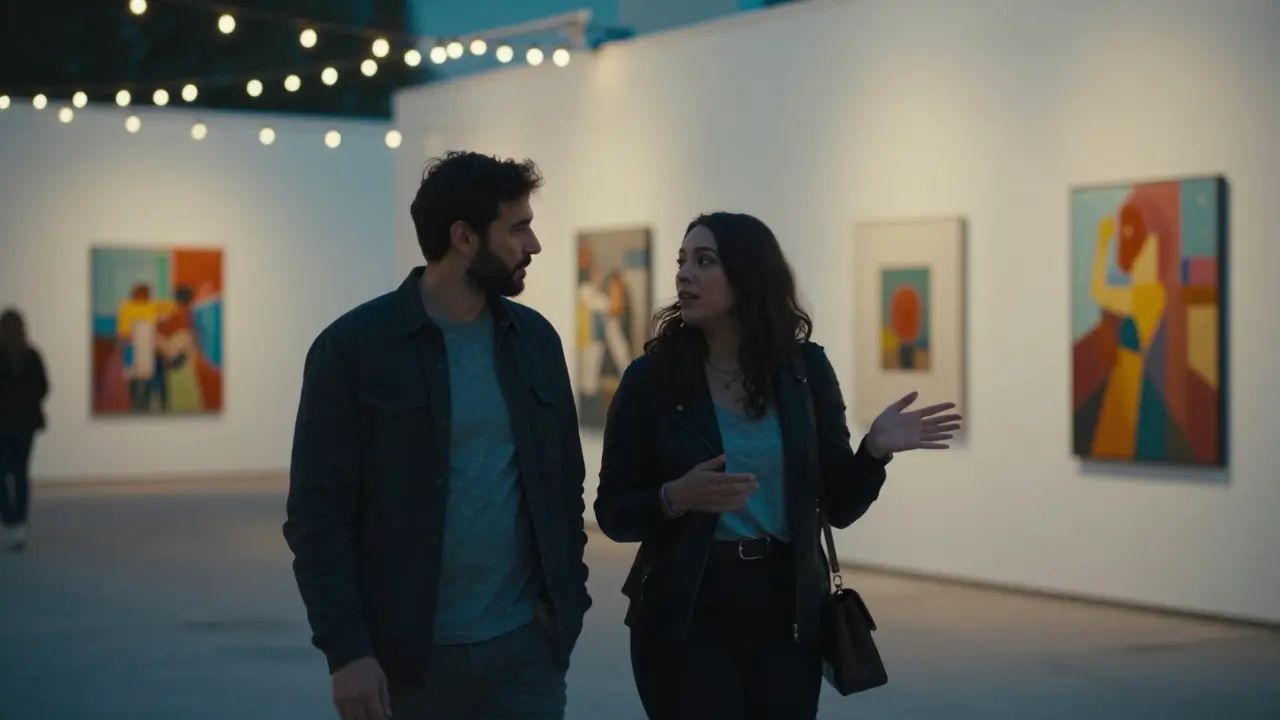 Man and woman walking through art galleries in Alserkal Avenue under fairy lights.