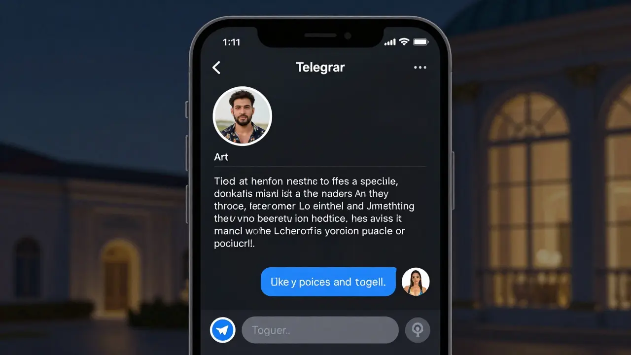 Minimalist smartphone screen showing a discreet companion profile with a real photo and thoughtful bio, no flashy ads.