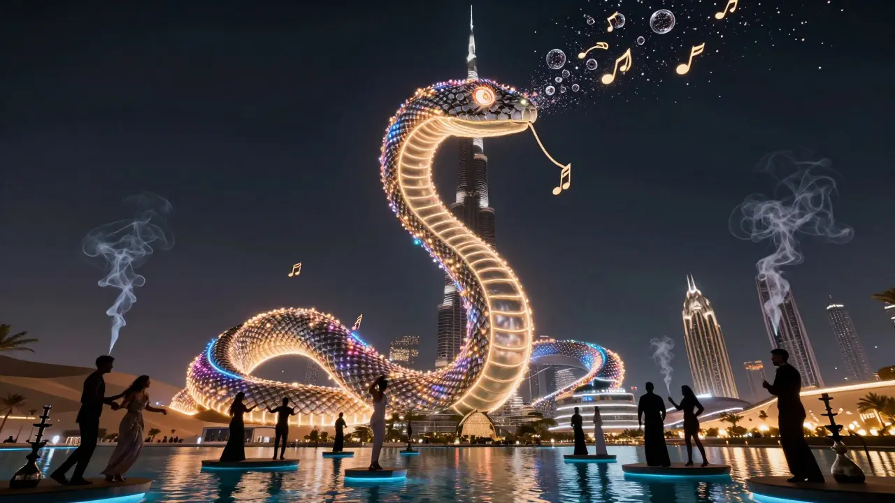 Neon serpent made of music and light winding around Dubai's tallest tower, symbolizing the city's vibrant nightlife.