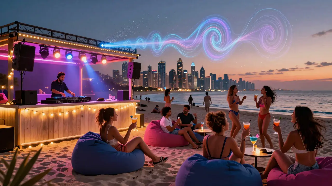 Nighttime beach deck at Barasti with string lights, DJ spinning, and guests enjoying cocktails against Dubai's skyline.