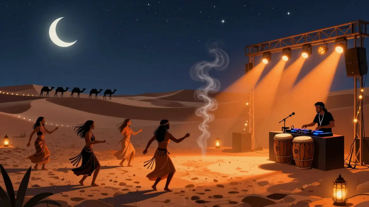 People dancing barefoot in desert sand under stars, with camels silhouetted against firelit dunes.