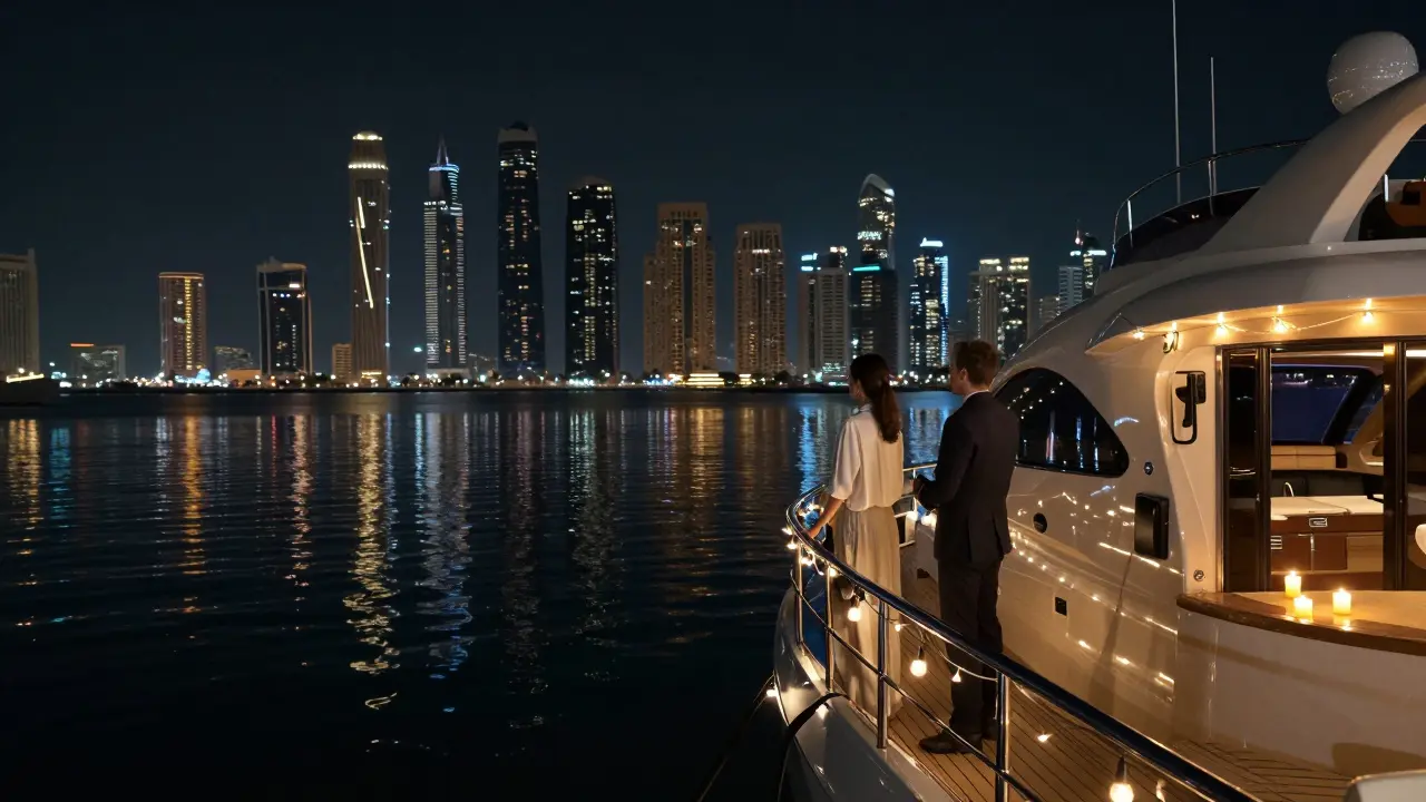 Private yacht at night with two people admiring Dubai’s skyline from the deck.