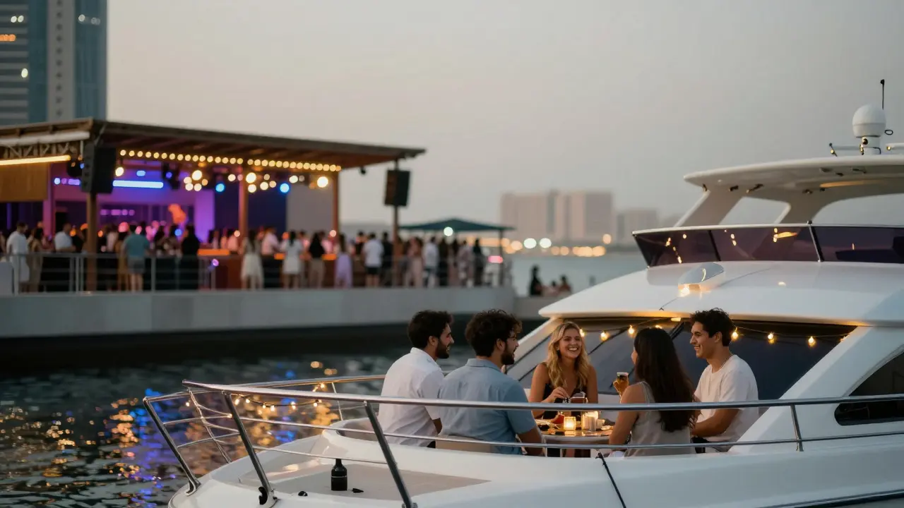 Private yacht party vs. crowded rooftop club, showing luxury and calm versus noise and chaos.