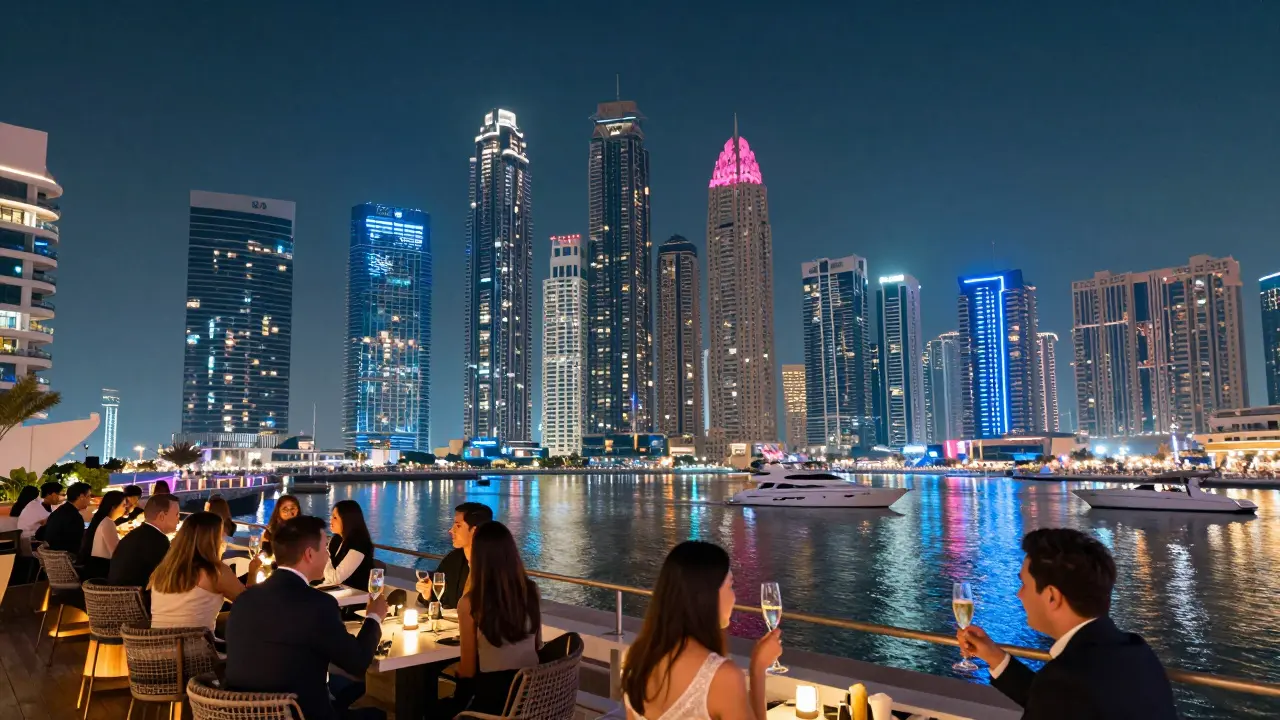 Rooftop bar in Dubai Marina with skyline lights and champagne glasses reflecting on water.