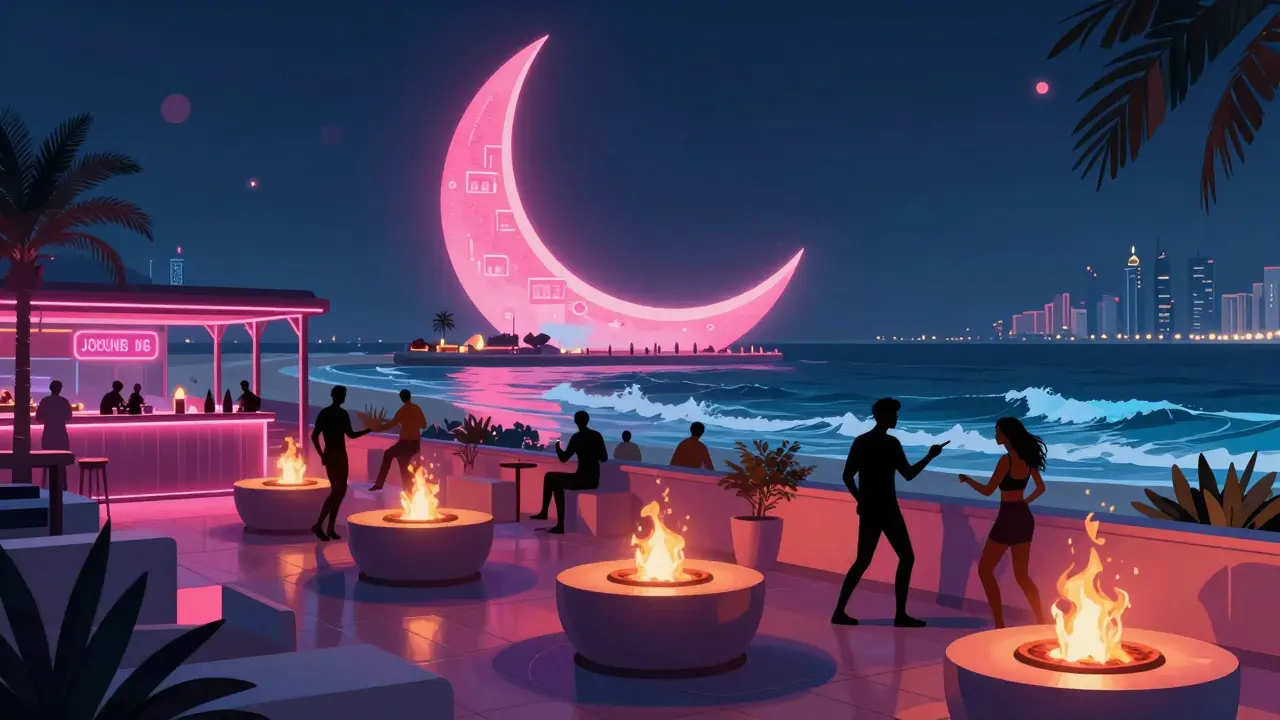 Rooftop club on Palm Jumeirah with fire pits, dancers, and neon lights against the ocean and city skyline.