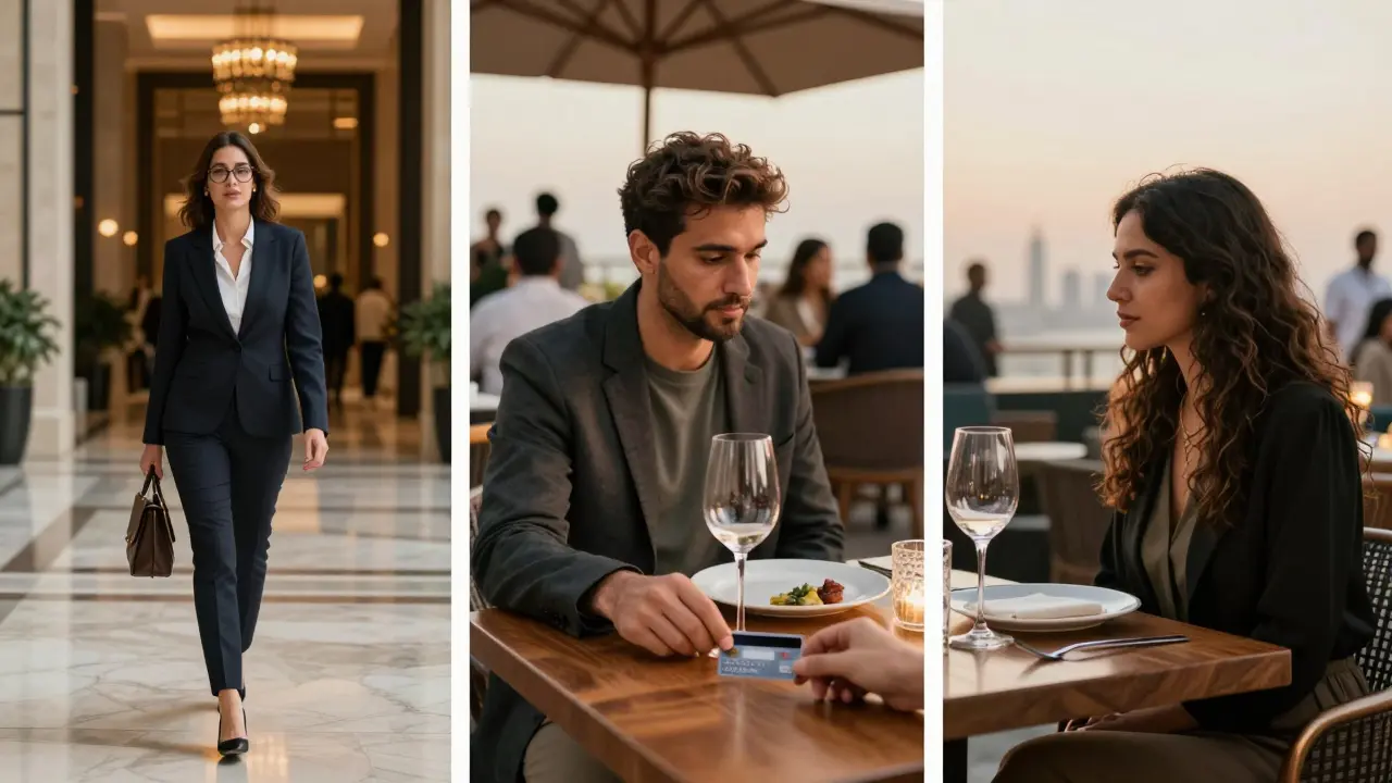Three quiet moments of companionship in Dubai: hotel lobby, rooftop dinner, and payment at a table, all under golden light.