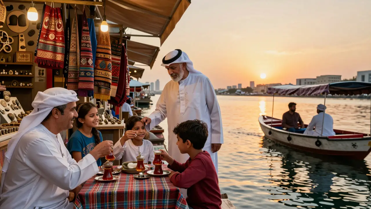 Tourists enjoying karak tea, museum visit, and abra ride in authentic Bur Dubai.