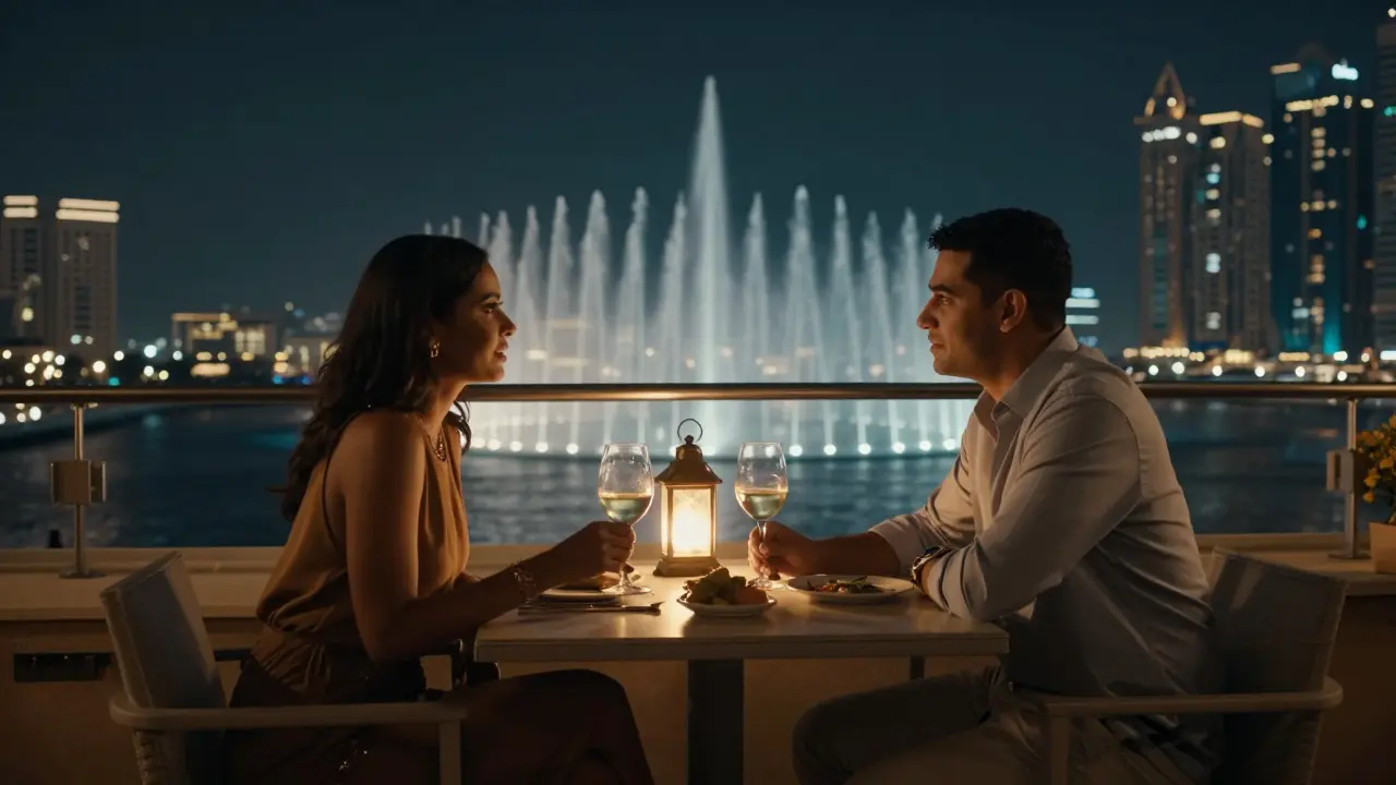 Two people having quiet conversation on a rooftop in Dubai Marina at night.