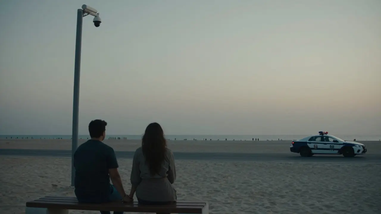 Two people holding hands on a Dubai beach at dusk, with a security camera visible in the background.