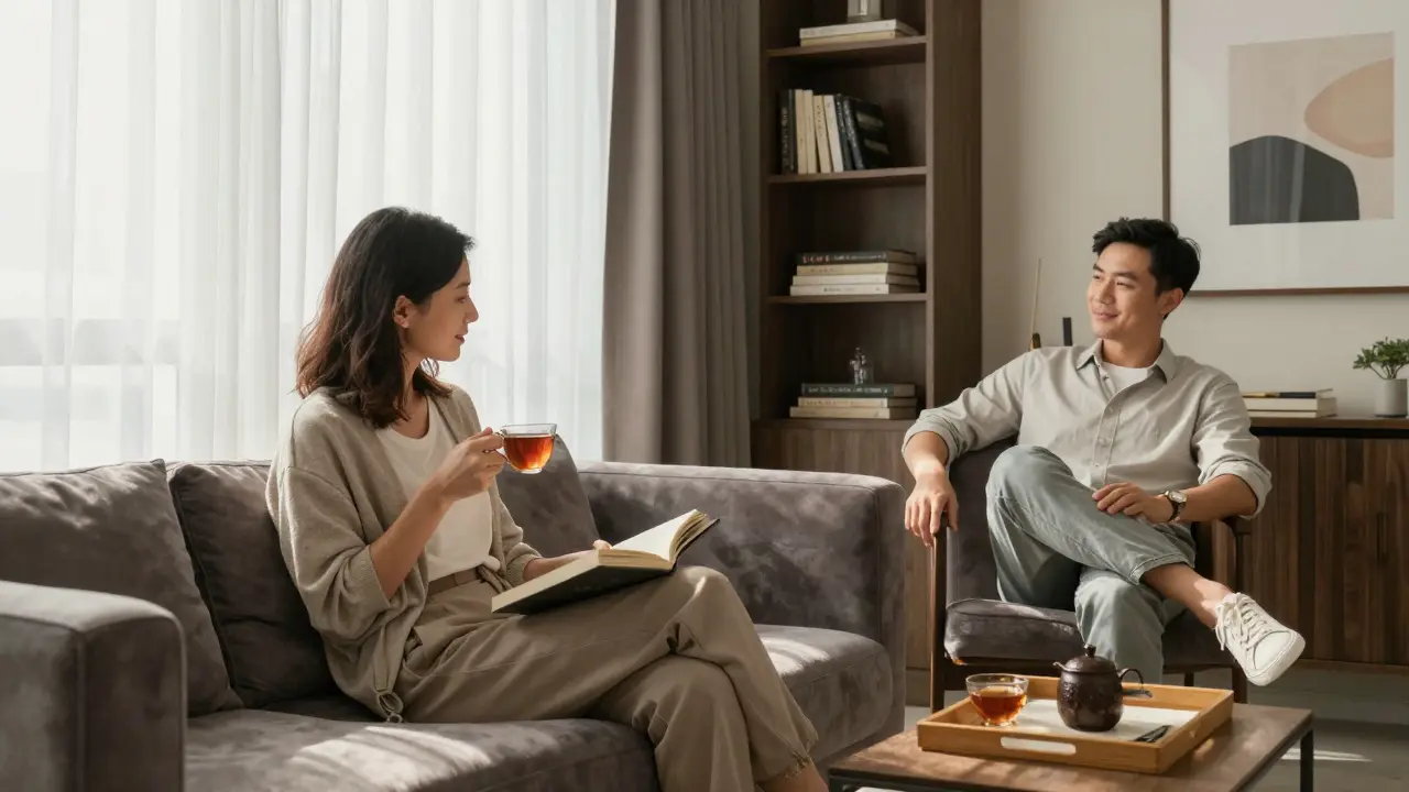 Two people in a calm, elegant apartment enjoying tea and quiet company during morning light.