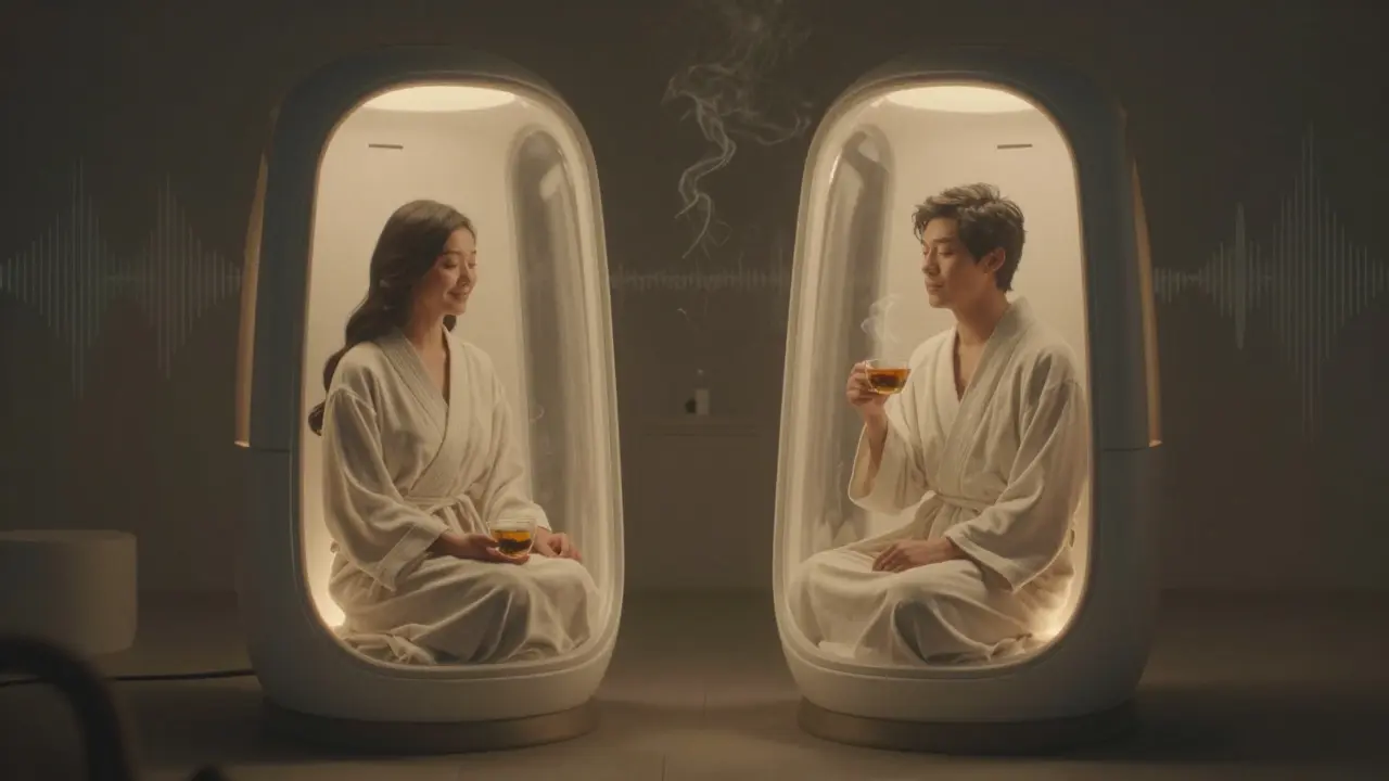 Two people relaxing outside zero gravity pods, holding tea in a quiet, serene room.