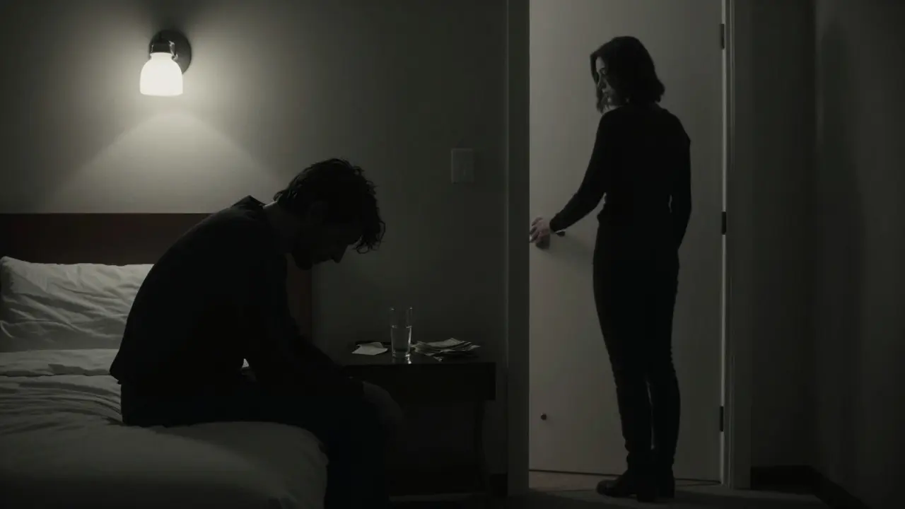 Two silent silhouettes in a hotel room, one seated, one near the door, under a harsh single light.