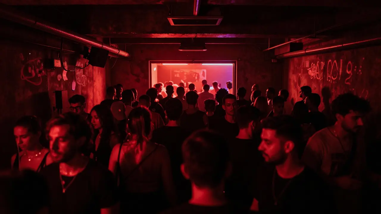 Underground techno party in a dimly lit warehouse, crowd lost in the rhythm of pulsing bass.