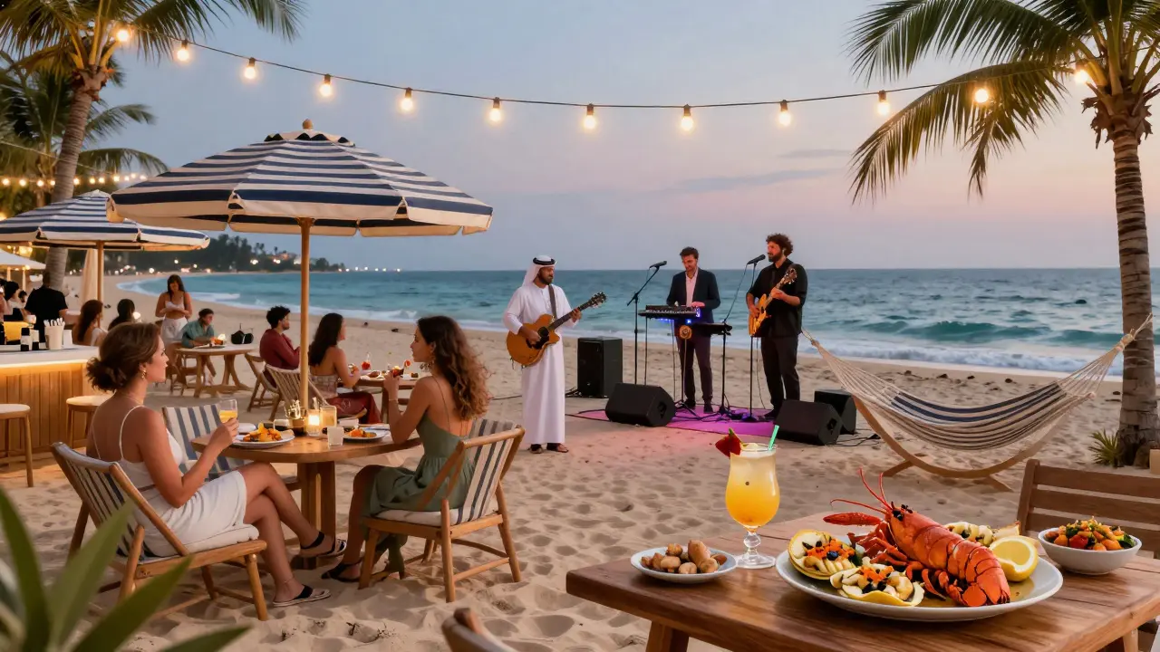 Vibrant beach club scene at dusk with people lounging, live music, fairy lights, and seafood cocktails under palm trees.