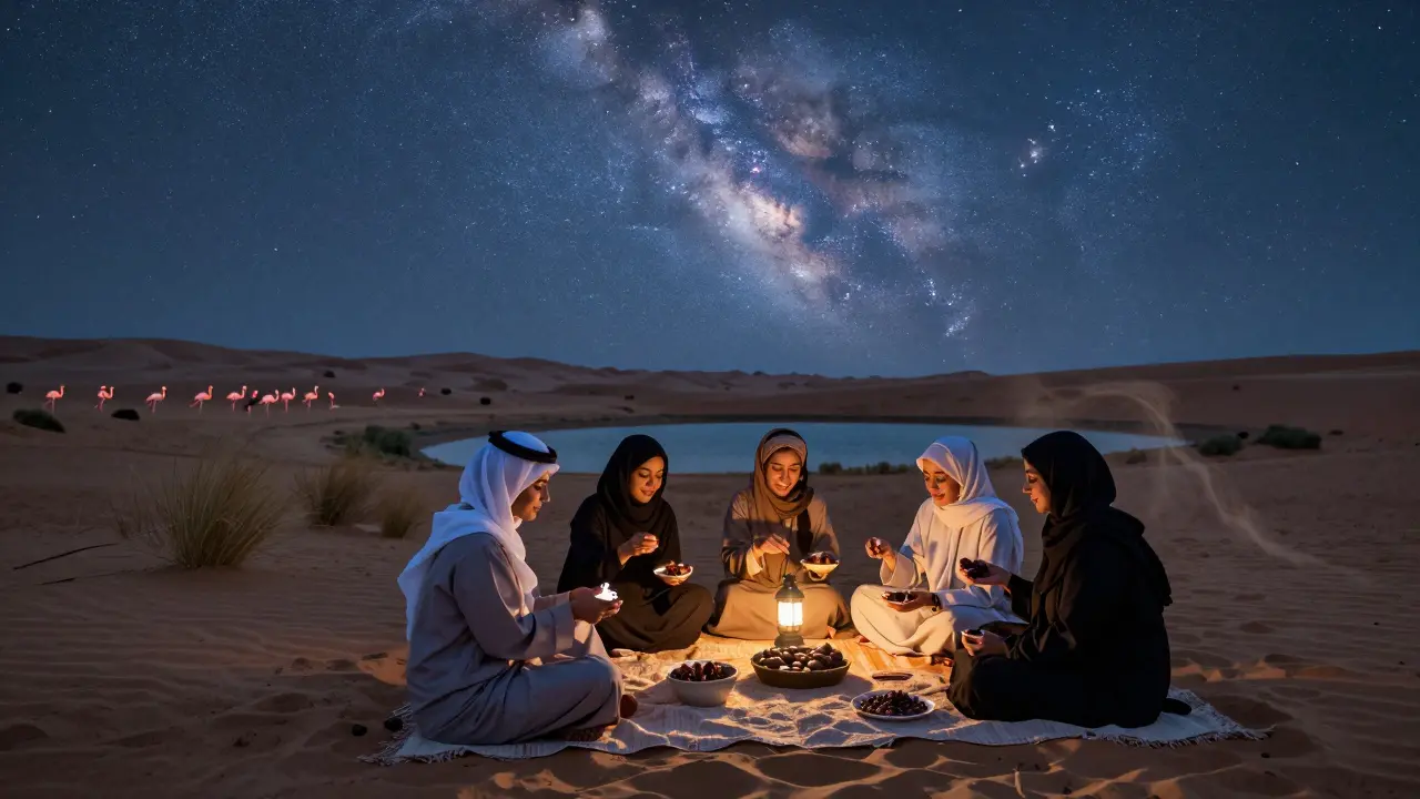 Women sit under a starry sky at Al Qudra Lakes, sharing food and stories at twilight.