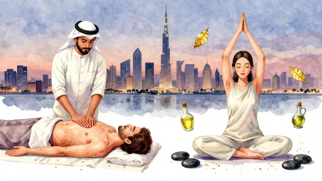 A blended artistic scene showing traditional Arab and Thai massage techniques with hot stones, oils, and gold flakes floating around a serene client.