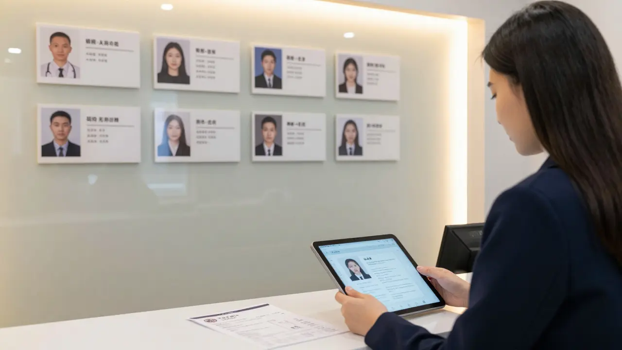 A client reviewing professional companion profiles in a discreet, modern agency office.