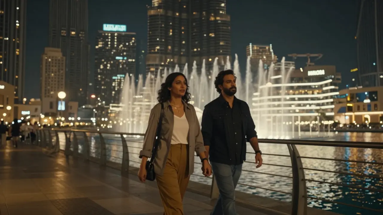 A companion and client walking along Dubai Marina at night, Burj Khalifa glowing in the background, peaceful and respectful atmosphere.
