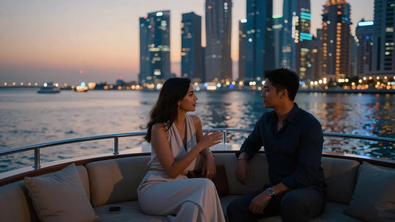 A couple on a private dhow cruise at sunset, enjoying the Dubai Marina skyline in peaceful companionship.