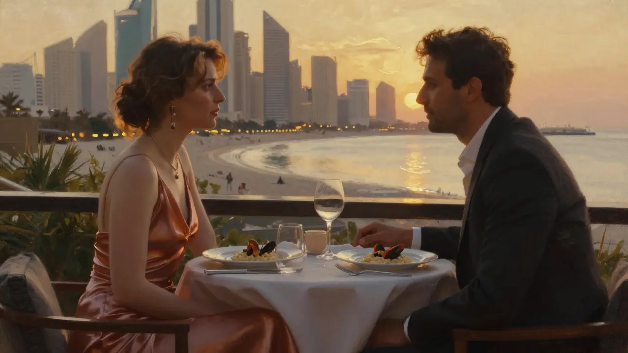 A couple sharing a quiet rooftop dinner as the Dubai skyline glows at sunset.