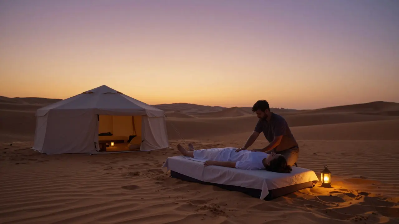 A desert massage tent at sunset with dunes, lantern, and therapist gently working on a guest.