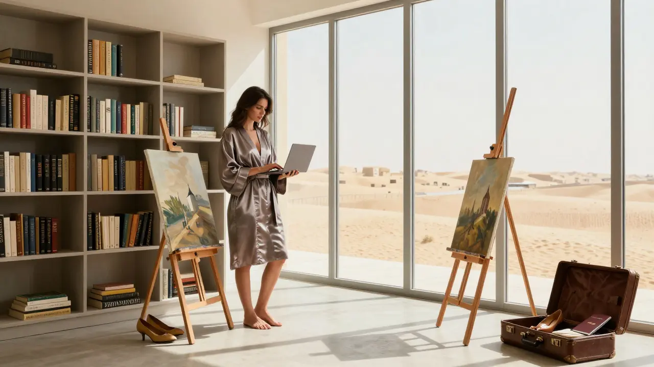 A European woman in a robe standing beside a bookshelf in a modern Dubai apartment, surrounded by art books and natural light.