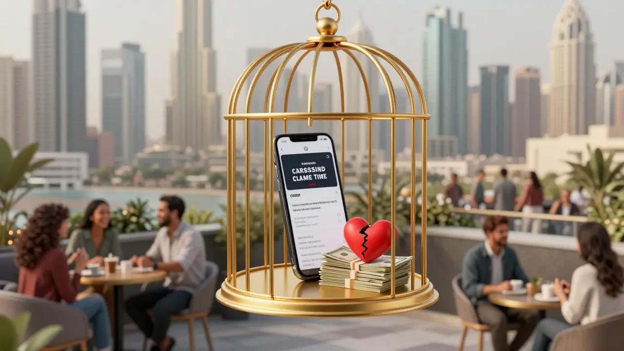 A golden cage hovers over Dubai's skyline, holding a phone and cash, while people connect peacefully below.