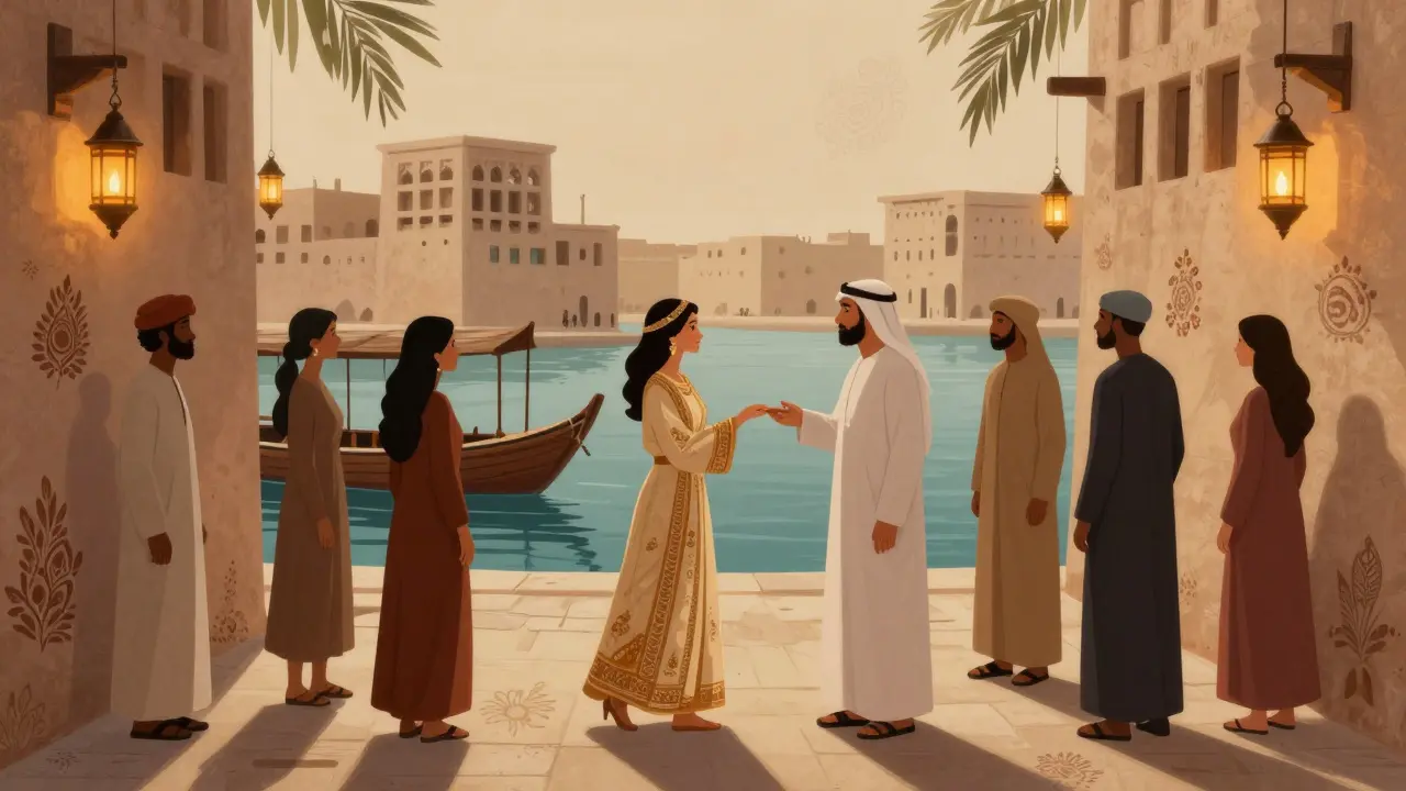 A guide leads a guest through the historic alleys of Al Fahidi with dhow boats in the background.