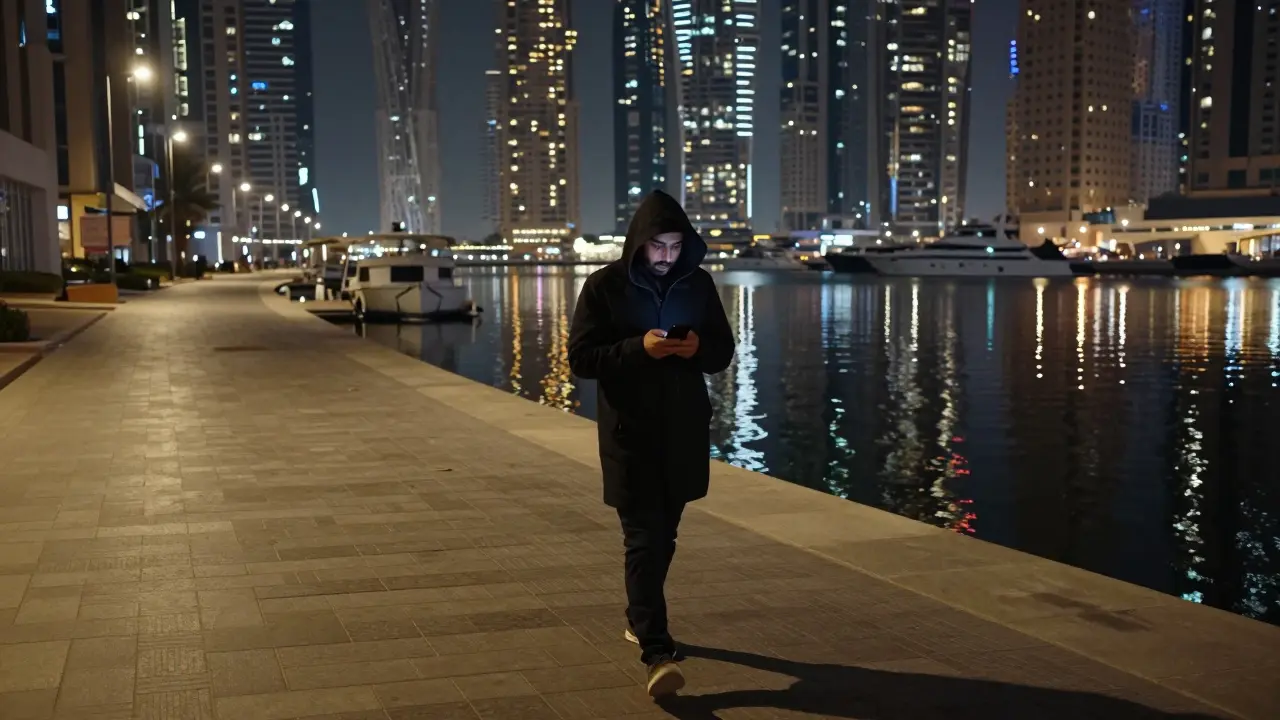 A lone person walking at night along Dubai Marina, reflecting the city’s skyline in the water.
