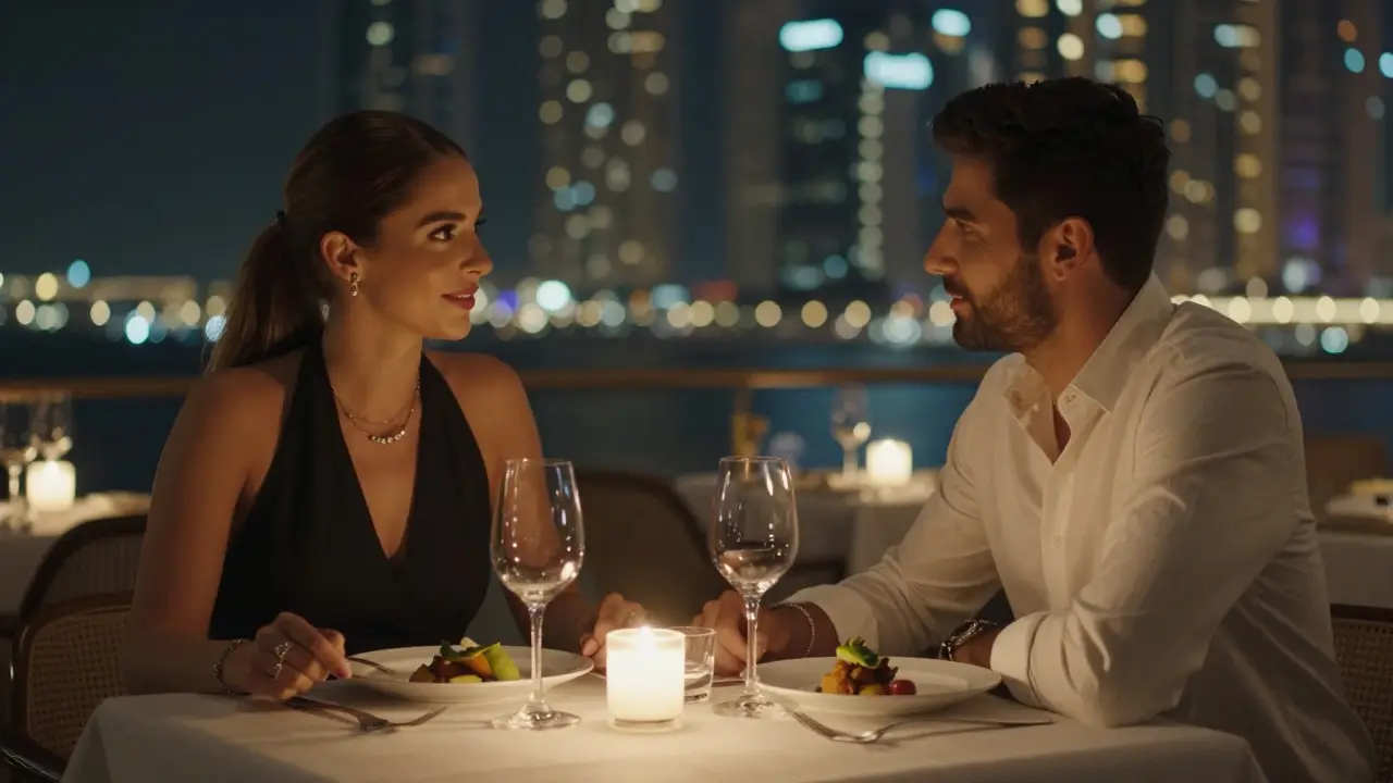 A man and woman share a quiet dinner at a upscale restaurant in Dubai Marina.
