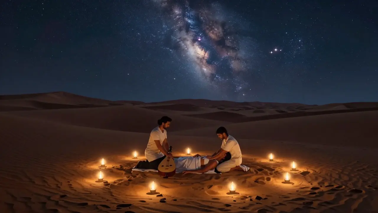 A person receiving a massage under a starry desert sky at a luxury desert resort, surrounded by glowing oil lamps.