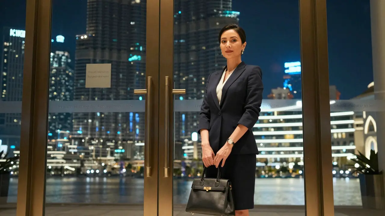 A professionally dressed woman standing outside a luxury Dubai hotel at night, city skyline in background.