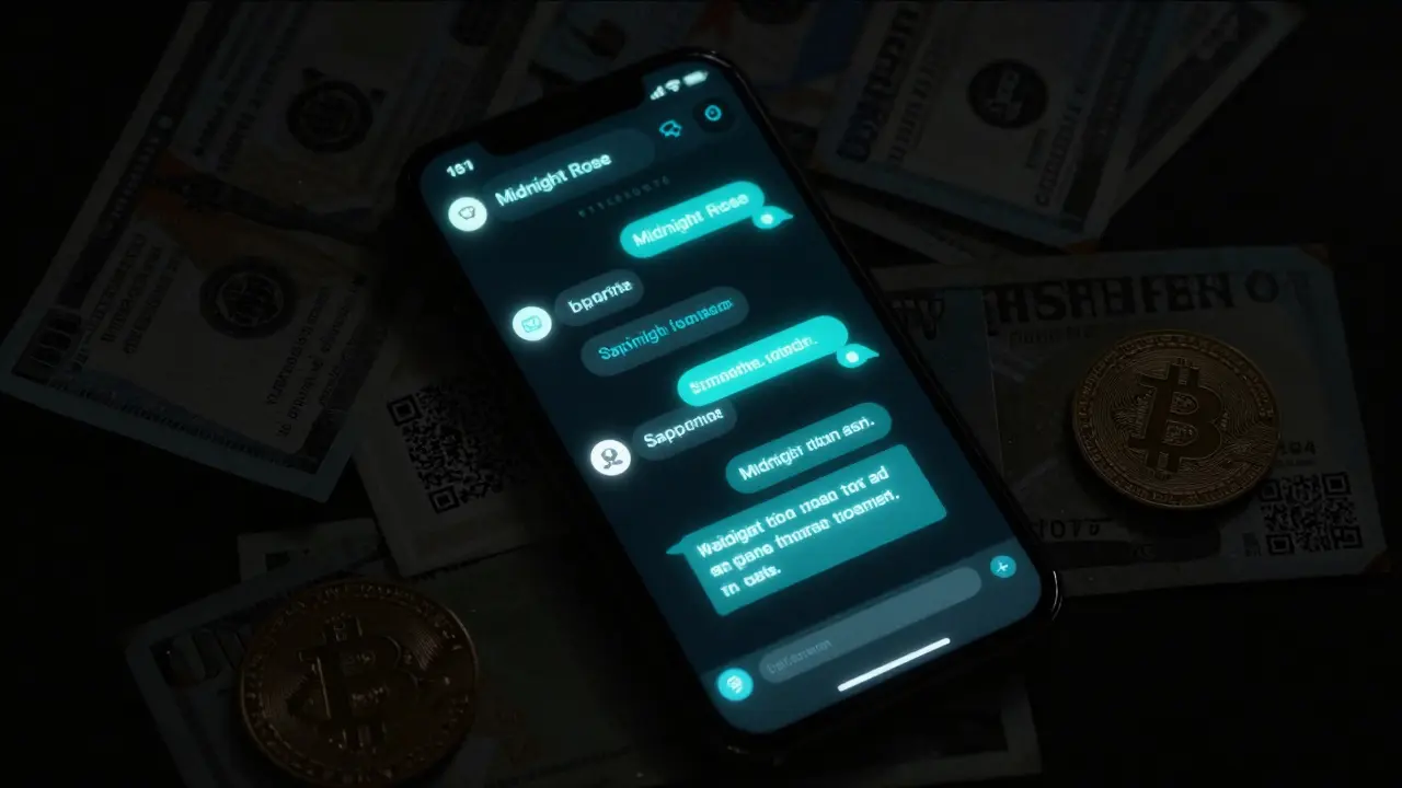 A smartphone screen showing encrypted Telegram messages with code words, cash, and a Bitcoin QR code in darkness.